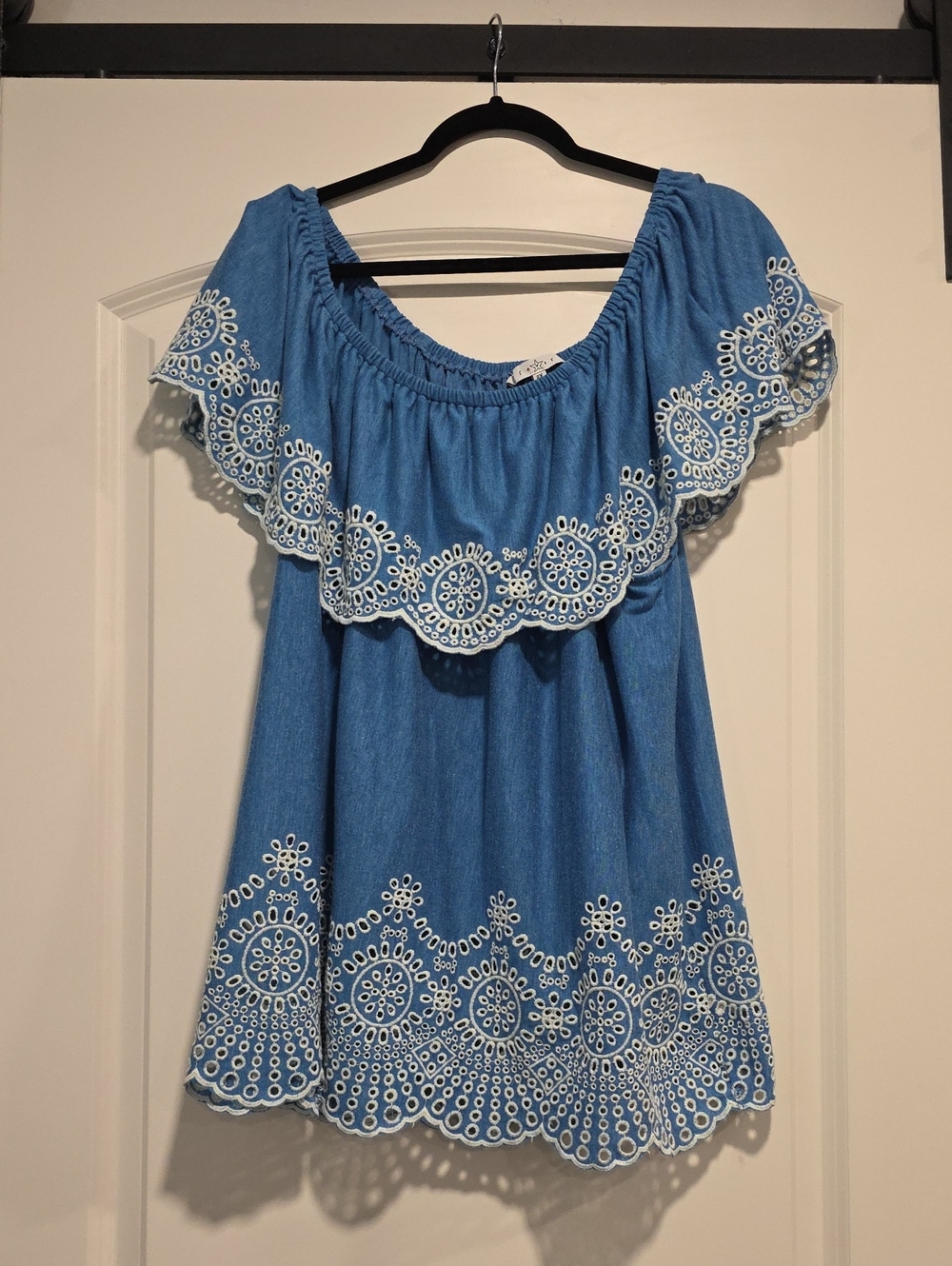 Fever Blue Off-Shoulder Embroidered Eyelet Top